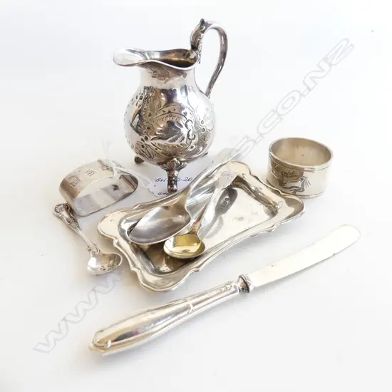 4 SILVER ITEMS 78gms. Pin dish + teaspoon + salt spoon + n/ring  3 4 other items...