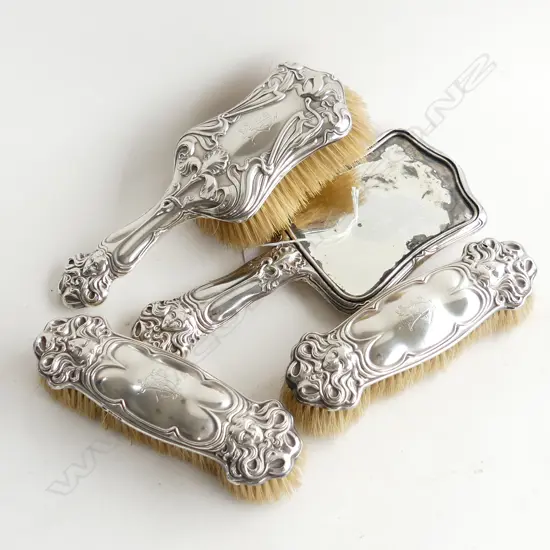 4 PCE ART NOUVEAU STG SILVER DRESSING SET; 3 BRUSHES + MIRROR AF. WILLIAM NEALE & SONS CHESTER 1901