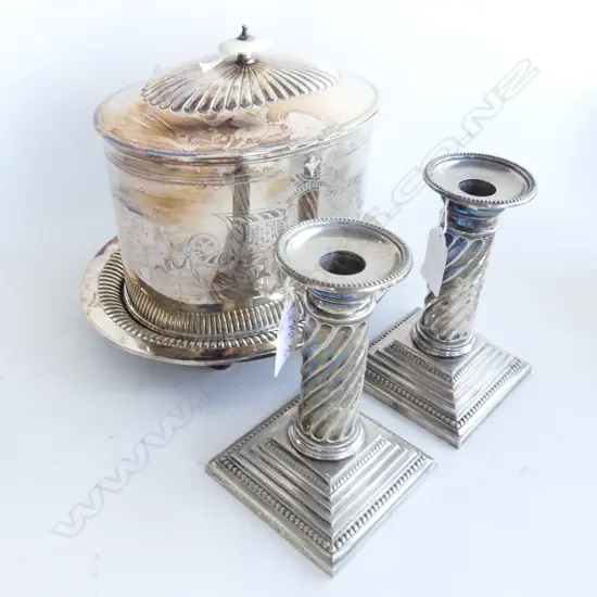 SILVER PLATED BISQUIT BARREL OF OVAL SHAPE H. 200mm & TWO PLATED TWISTED COLUMN MAPPIN &WEBB CANDLESTICKS H. 140mm