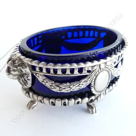 SILVER SALT W BLUE GLASS LINER EMPIRE STYLE L.1885. Import F mark 62gms