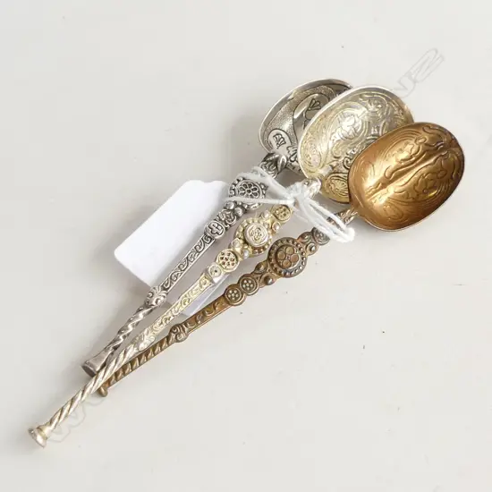 2 FANCY SILVER ANOINTING SPOON + 0THER BRASS SPOON