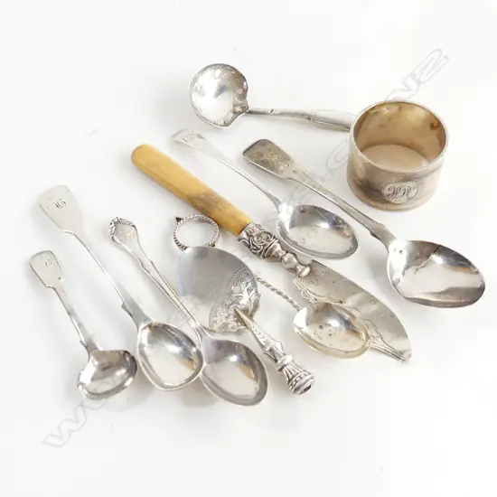 9 PCES ASST. STG SILVER CUTLERY (4 SCRAP) + NAPKIN RING 178 GRAMS