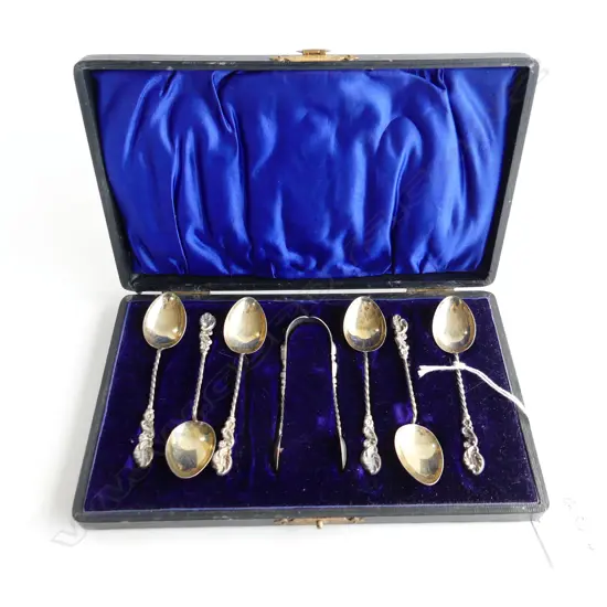 CASED SET  6 SILVER COFFEE SPOONS & TONGS scroll & flower finials. Gilded