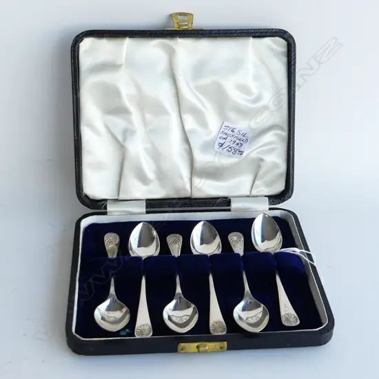 SET 6 CASED SILVER TEASPOONS Old English & Shell pattern 65gms