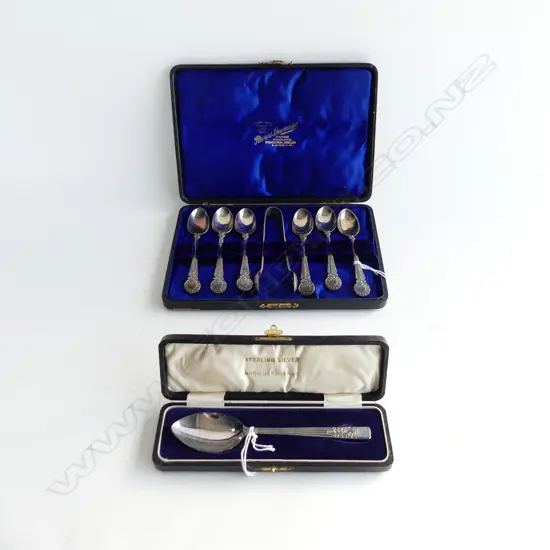 CASED SET S/PLATE TEASPOONS & TONGS + OTHER CASED SPOON