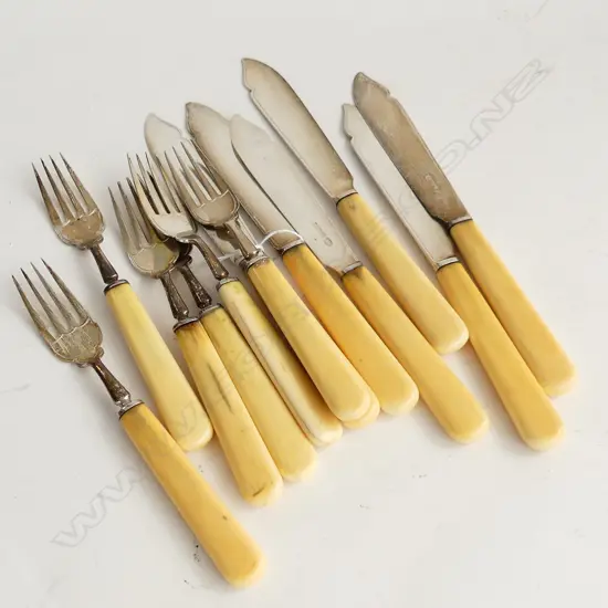 12 STG SILVER FISH KNIVES AND FORKS WITH IVORINE HANDLES SHEFFIELD 1914