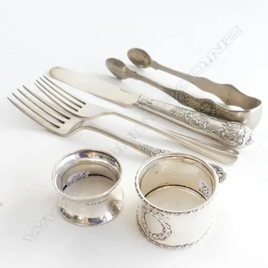 2 SILVER NAPKIN RINGS + 2 SILVER FORKS = 135gms_ SILVER KNIFE & S/PLATE TONGS 