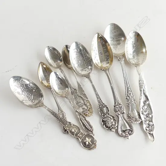9 AMERICAN STG SILVER SOUVENIR TEASPOONS 136 GRAMS 