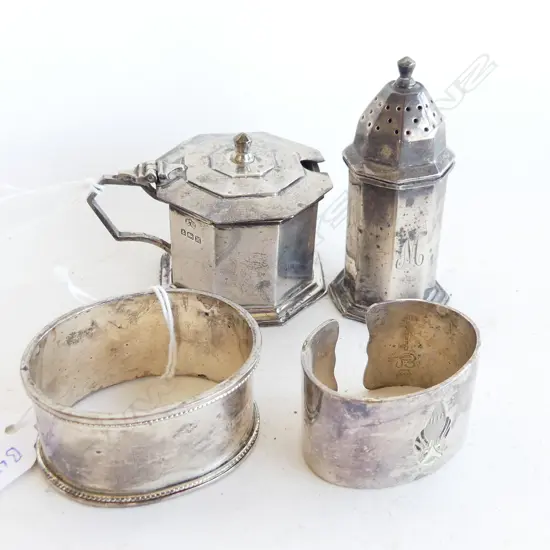 STG SILVER MUSTARD POT/PEPPER POT/NAPKIN RING + ONE 120g