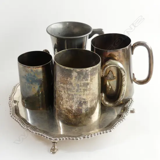SILVER PLATE TRAY (ENGRAVED 1961), 3 VINTAGE SILVERPLATE MUGS + 1954 PEWTER MUG 