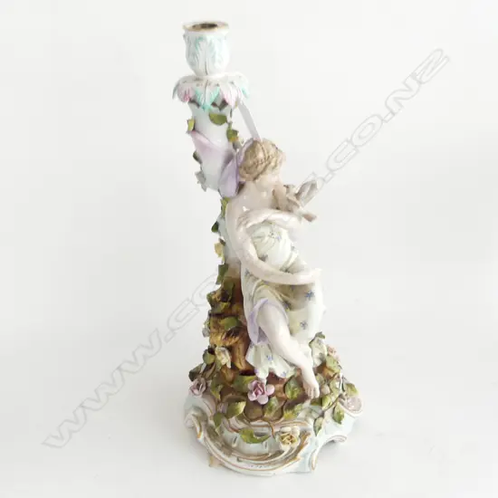 19THC PORCELAIN FIGURAL CADLEABRA. MEISSEN CROSSWORDS BACKSTAMP. SOME FRITTING & AND FINGER DAMAGED. H.370mm