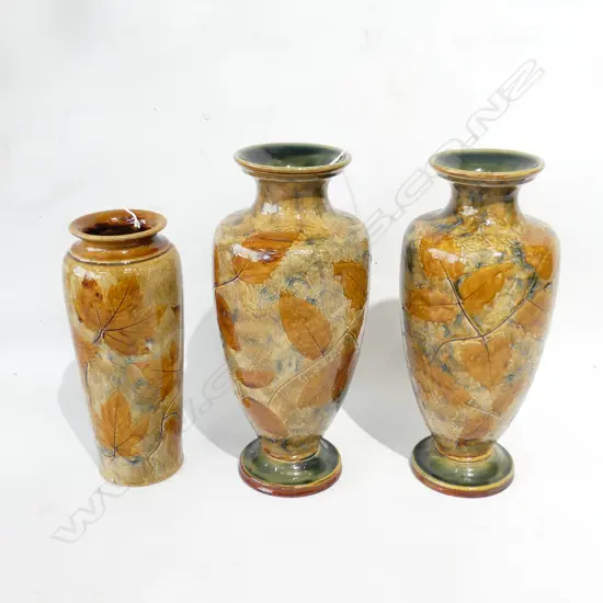 3 R/DOULTON STONEWARE LEAF DECORATED VASES; H.315mm HAIRLINE TO BASE + ANOTHER H.250mm H.