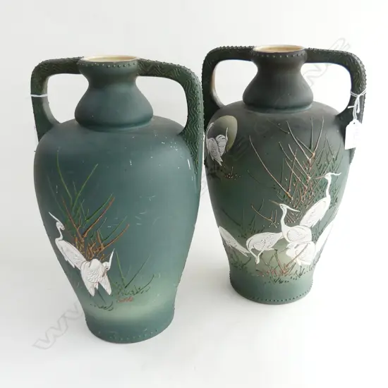 PAIR LATE VICTORIAN NORITAKE VASES. CRANE DETAIL H.360mm