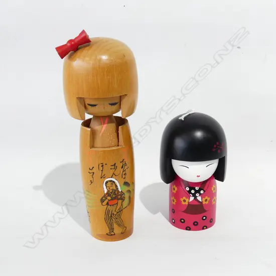 MID CENTURY JAPANESE KOKESHI DOLL (H. 190MM) + TOMOMI WINDMILL COLLECTION JAPANESE DOLL (H. 110MM)