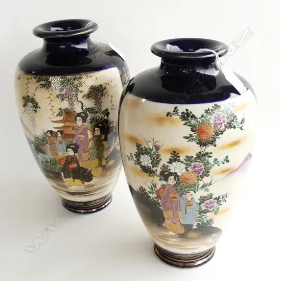 PAIR LARGE SATSUMA VASES WITH DARK BLUE COLORWAY. SIGNED CHARACTERS TO THE BASE. h. 