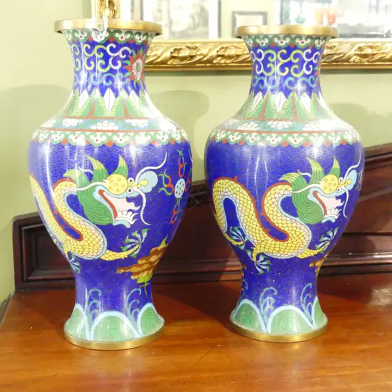 PR LG CLOISONNE VASES w. DRAGON DESIGN H.315mm