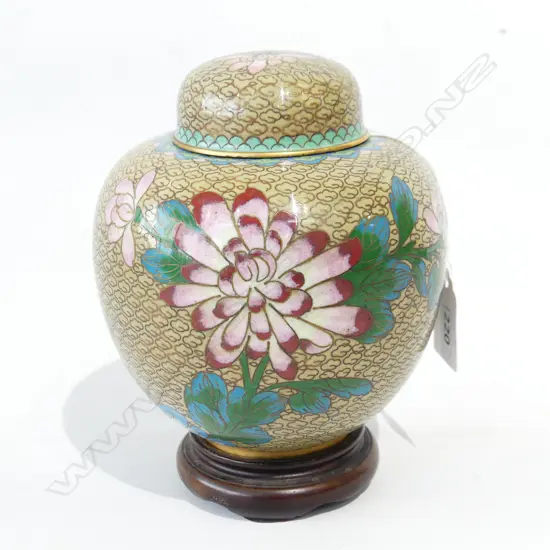 CLOISONNE GINGER JAR ON WOODEN STAND PINK FLORAL DECORATION H. 165MM