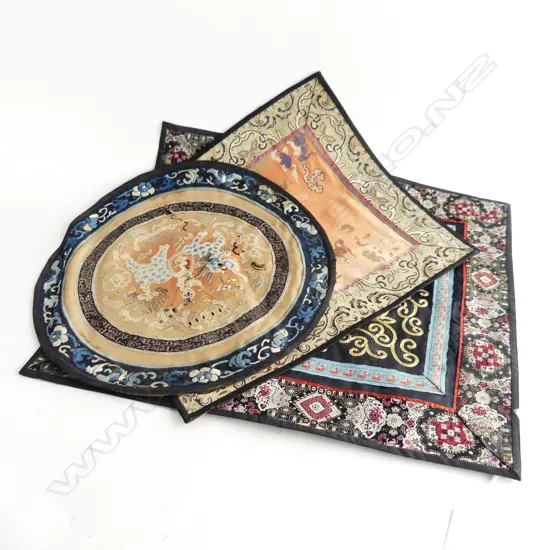 3 FINE CHINESE SILK EMBROIDERED PANELS 280mm dia / 380x325mm