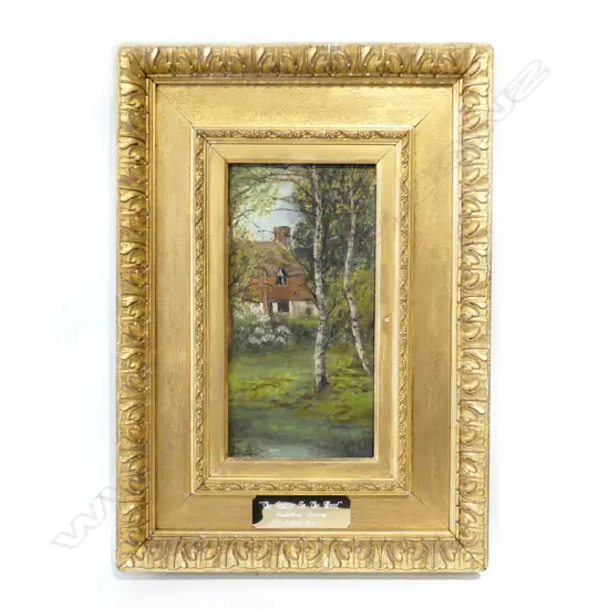 MARY HALDANE 'THE COTTAGE IN THE WOOD' GUILDFORD, SURREY. LATE 19thC OIL ON BOARD 290x145mm