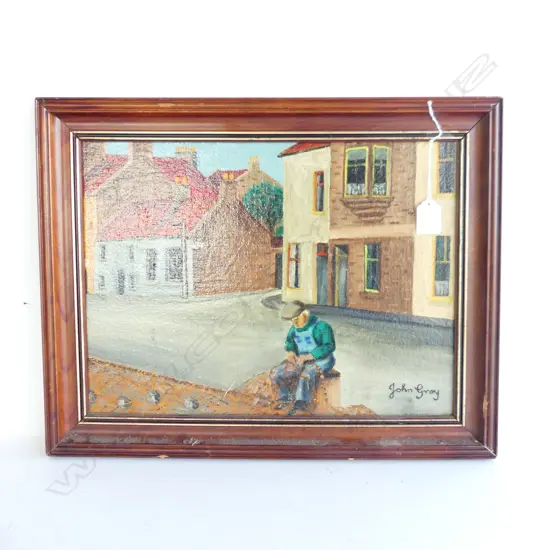 OIL ON BOARD FISHERMAN MENDING NETS SIGNED JOHN GRAY H370MM L480MM
