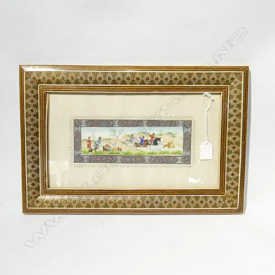 PERSIAN / MOGHAL MINIATURE ARTWORK ON BONE w. KHATAM KARI INLAID FRAME 290x440mm overall 