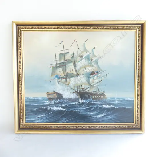 P  DAVIS signed OIL 2 SAILING SHIPS AT WAR H600MM  L710MM