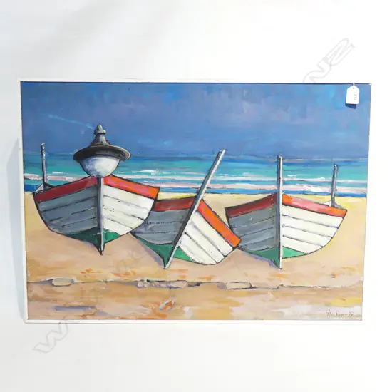 3 BOATS - OIL ON BOARD - SIGNED 'HS. SAGER 77 505x720mm