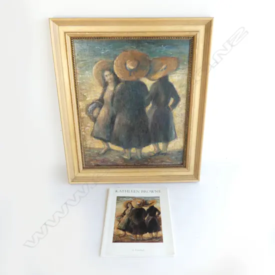 KATHLEEN BROWNE (1905-2007) 'THREE STRAW HATS' OIL ON CANVAS 440x360mm + BOOK BY M. KRATOCHWIL
