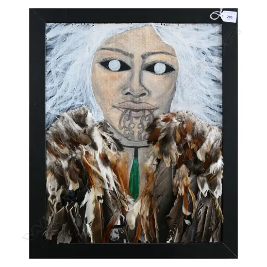 FRAMED ARTWORK MAORI MAIDEN WITH MOKO IN FEATHER CLOAK, 560 x 460mm (INCL. FRAME),GLASS ABSENT