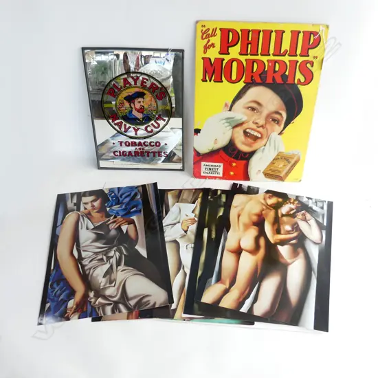 PHILLIP MORRIS CARDBOARD AD SIGN H470 W340MM PLAYERS MIRROR CIG SIGN CRACKED H380 W280MM & POSTER BOOK TAMARA DE LEMPICK