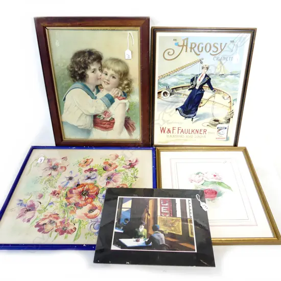 5 ARTWORKS INCLDS 2 FLORAL WCs, 2 ADVERTISING POSTERS, 1 UNFRAMED REPRO PRINT