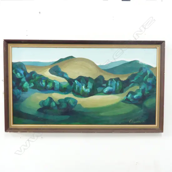 NZ LANDSCAPE IN BLUES & GREENS, SIGNED V CRANSTON '77, OIL ON CANVAS, 410 x 760mm