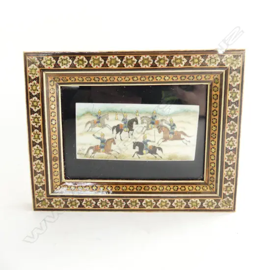 ISLAMIC HAND PAINTED HUNTING SCENE ON PANEL FRAMED ARTWORK 130 x 170mm