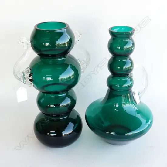 2 LRG HANGREEN ART GLASS VASES w SWIRL HANDLES