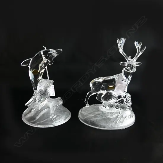 2 FRENCH CRYSTAL ANIMAL ORNS DEER & DOLPHIN H170MM