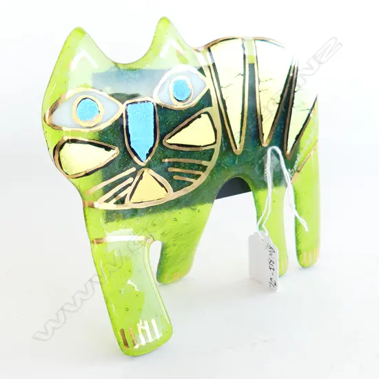 SIGNED RARE LAUREL BURCH WALLIN ART GLASS CAT GOLD FUSED ENCRUSTED SCULPTURE L.165mm