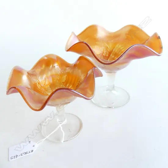 TWO CARNIVAL GLASS COMPORTS PEACOCK & FLORAL PATTERNS D. 170MM D. 130MM