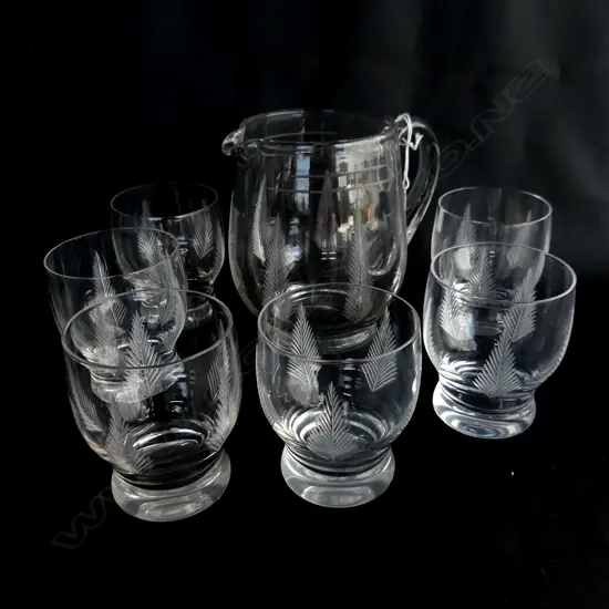 STUART CRYSTAL WOODCHESTER / FERN JUG H.160mm &  6 GLASSES H.100mm