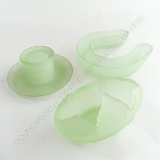 THREE GREEN FROSTED DEPRESSION GLASS FLOWER DISPLAY VASES