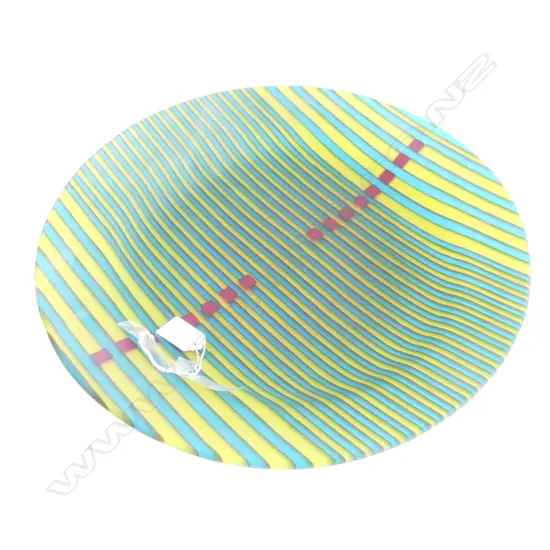 LGE ART GLASS PLATTER BANDED yellow blue & red Dia.400mm. Ex. Jill Mandeno est.
