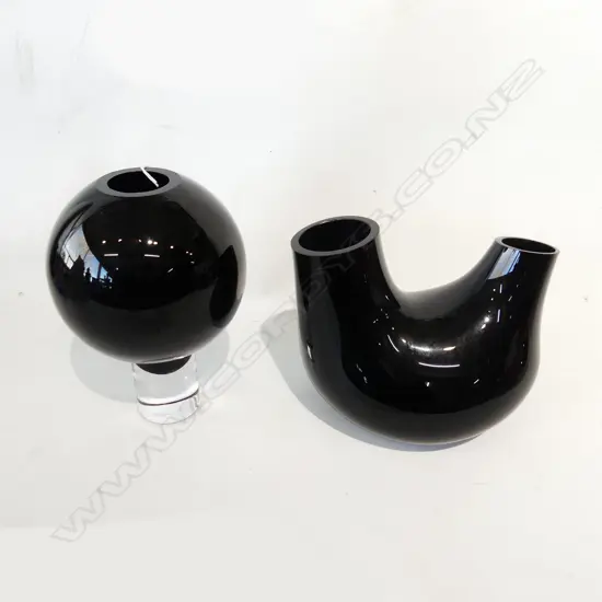 2 CHRISTIAN TORTU BLACK ART GLASS VASES; ORB H.230mm & OTHER
