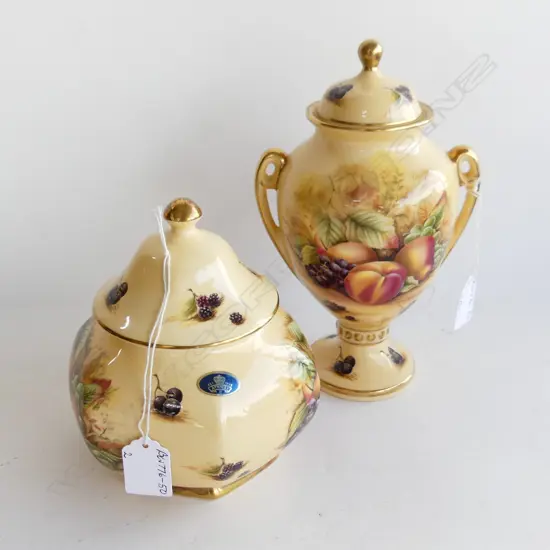 2 LIDDED URNS, AYNSLEY 'ORCHARD'TALLEST H.235mm 
