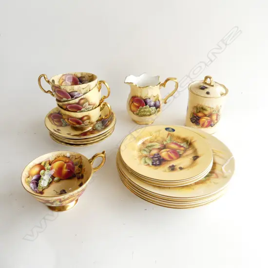 18 PC AYNSLEY BONE CHINA TEA SET 'ORCHARD' PATTERN, 4 CUPS & SAUCERS, SUGAR & MILK, 3 CAKE PLATES & 5 LARGER PLATES