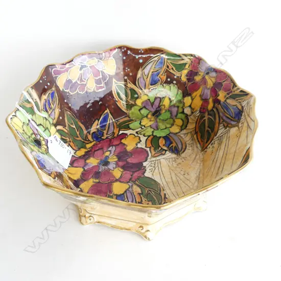 VINTAGE ROYAL WINTON GRIMWADES COLOURFUL BOWL WITH BUTTERFLIES & FLOWERS, DIA 220MM  A/F