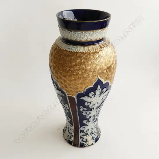 ROYAL DOULTON LAMBETH SLATER TALL VASE. TYPICAL DARK BLUE COLORWAY WITH SWIRLING GILT DETAIL.H. 275mm