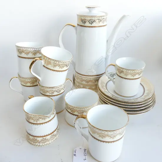 ELIZABETHAN 'SWISS COTTAGE'  COFFEE SET;  COFFEE POT, JUG & SUGAR BOWL, 6 COFFEE CANS & SAUCERS