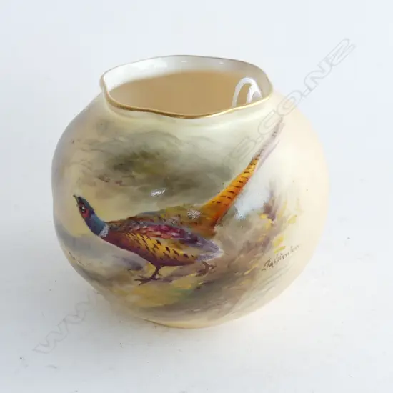 SIGNED ROYAL WORCESTER SML OVID VASE WITH PHEASANT, H.70mm