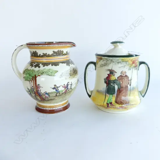 2 PCS ROYAL DOULTON, LIDDED URN 'FRIAR TUCK JOINS ROBINHOOD' H.750mm (chip to rim), 1 VILLAGE FETE JUG H.850mm