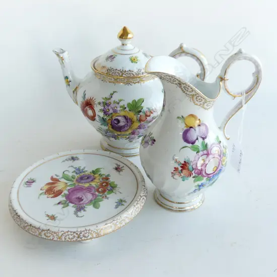 DRESDEN CHINA, GERMANY, 3PCS, 1 TEAPOT, I JUG, 1 FOOTED DISH
