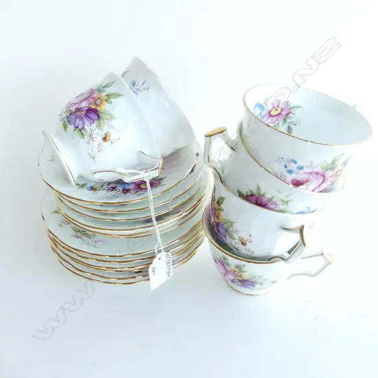 AYNSLEY SET OF 6 FLORAL CUPS, SAUCERS, AND PLATES WITH LABELS 18PC, UNUSED 